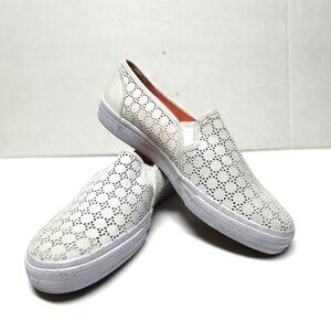 Keds off white canvas geometric design with neon orange insole